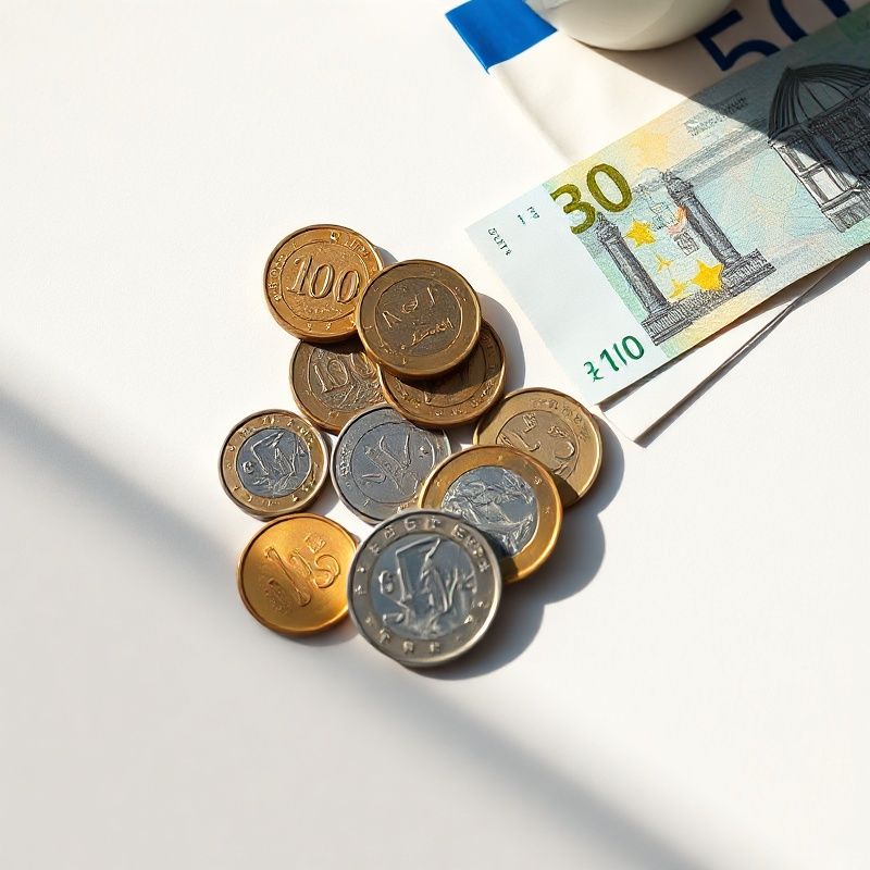 Kovanice i novčanice eura na čistoj bijeloj podlozi s blagom azurnom sjenom